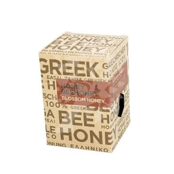 500g Greek Raw Blossom Honey – Thick and Luscious  Elegant jar of 500g Greek Raw Blossom Honey with a spoon dripping honey, highlighting its thick and luscious consistency.