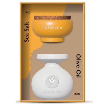 Handmade Ceramic Bowl with Sea Salt & Oregano Gift Set. Handmade ceramic bowl with 30g sea salt and 5g oregano displayed as a gift set.