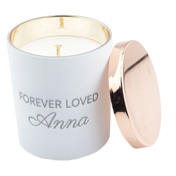 Forever Loved Custom Engraved Candle – Rose Eternelle Fragrance Forever Loved Custom Engraved Candle in a stylish glass container featuring the luxurious Rose Eternelle scent for a timeless keepsake.