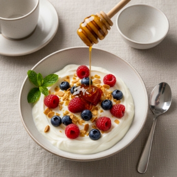Luxury Greek Yogurt with Berries and Navarino Icons Oak Honey Drizzle Close-up of creamy Greek yogurt topped with fresh raspberries, blueberries, toasted almonds, and a generous drizzle of golden Greek Oak Honey from a wooden dipper. Healthy and luxurious gourmet breakfast or dessert.