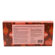 Ingredients list, nutritional data, and producer info for Milk Chocolate Pralines with Gianduja and Dark Chocolate Salted Caramel, 100g.