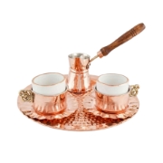 Complete artisanal Greek coffee gift set including a solid copper hammered coffee pot, two tin-lined cups with brass handles, and a decorative copper tray.