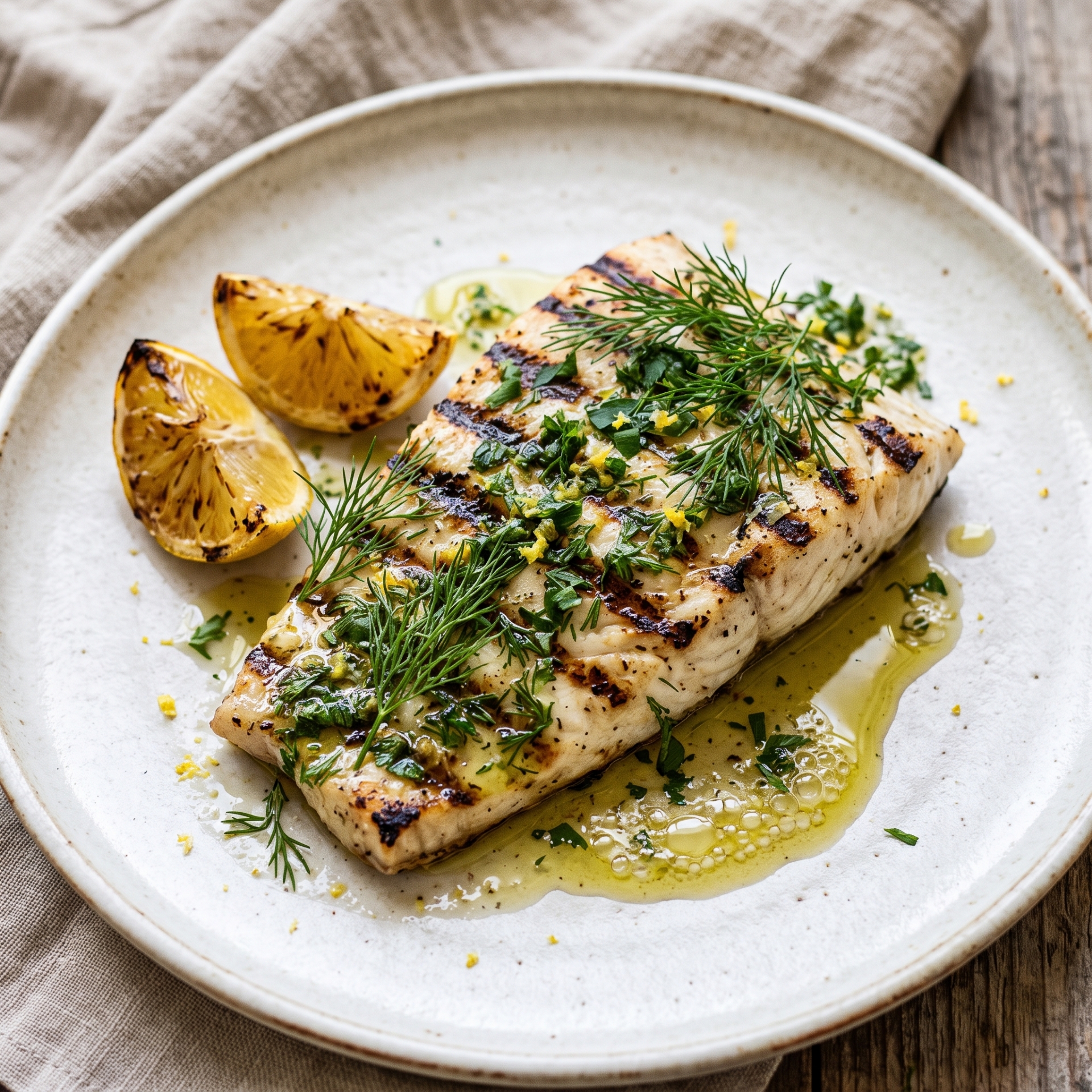 Grillet Hellefisk med Citron-Urte Dressing og The Governor Olivenolie finished dish serving suggestion
