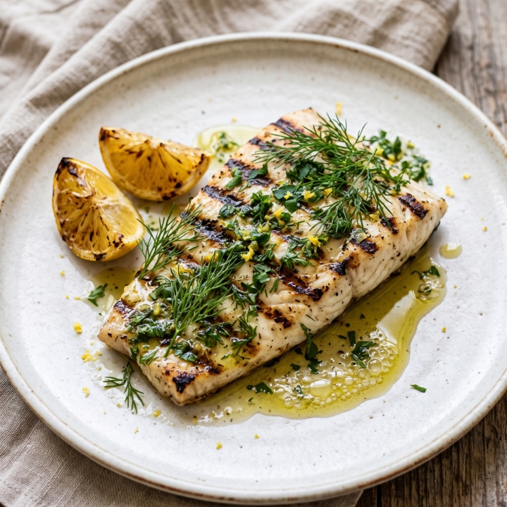 Grillet Hellefisk med Citron-Urte Dressing og The Governor Olivenolie