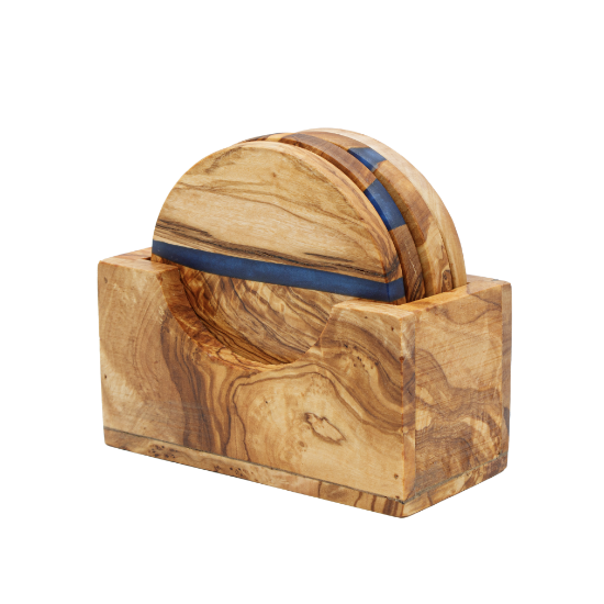 Olea Wood Art Round Olive Wood Resin Coasters Set of 4 with Holder by Olea Wood Art - Primary product photo