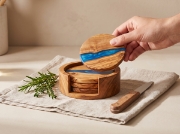 Olea Wood Art Round Olive Wood Resin Coasters Set of 4 with Holder shown as a close-up product detail