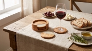 Olea Wood Art Round Olive Wood Resin Coasters Set of 4 with Holder on a clean ecommerce background