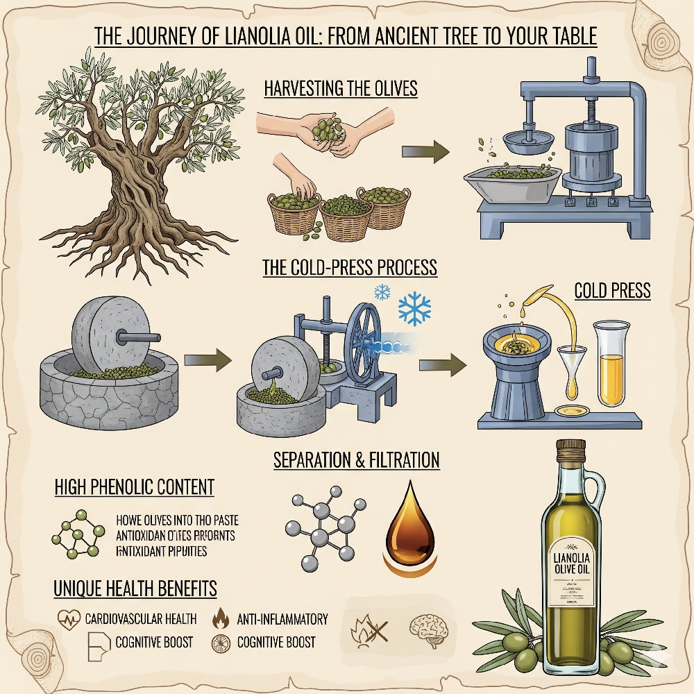 Infografik: Lianolia olivenolies rejse fra træ til flaske, der viser høst, koldpresningsproces, separation, højt fenolindhold og sundhedsmæssige fordele.